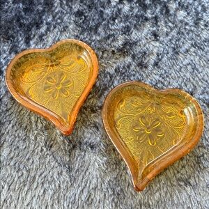 Set of 2 Tiara amber heart-shaped trinket dishes from Indiana Glass